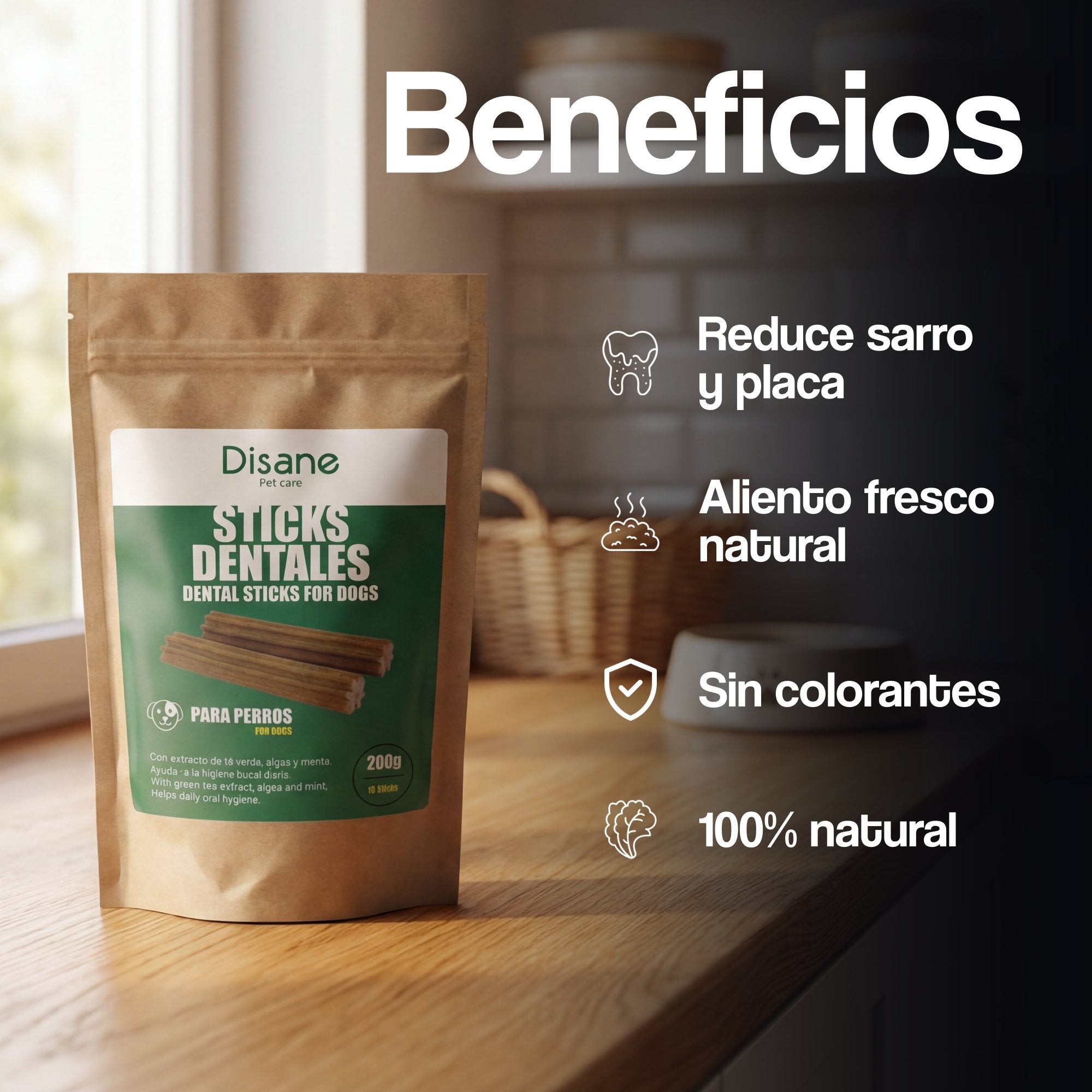 Sticks Dentales para Perros – Higiene Bucodental Diaria Sin Cepillar | Té Verde + Algas + Menta | Disane