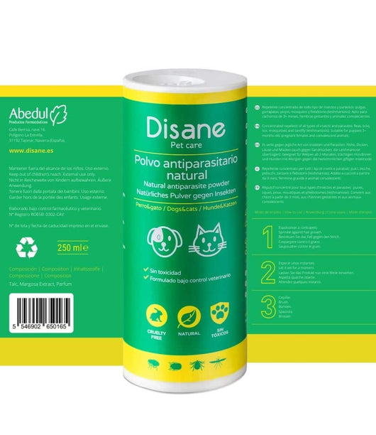 Polvo repelente natural de insectos para perros y gatos - Disane pet care